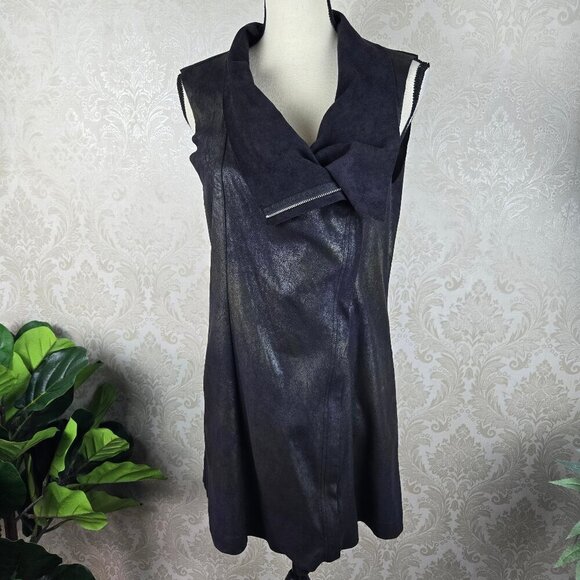 Calvin Klein Size Medium Black Metallic Long Line Vest Asymmetic Zip Sleeveless - Picture 1 of 15